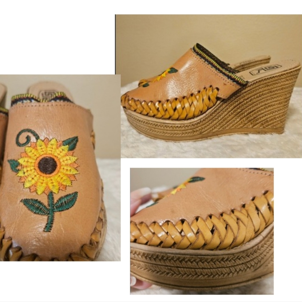 Leather Floral Embroidered Platform Wedge Women's size 6